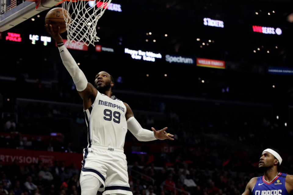 <strong>Memphis Grizzlies' Jae Crowder (99) scores against the Los Angeles Clippers during the second half of a game on Jan. 4, 2020, in Los Angeles.</strong> (AP Photo/Marcio Jose Sanchez)