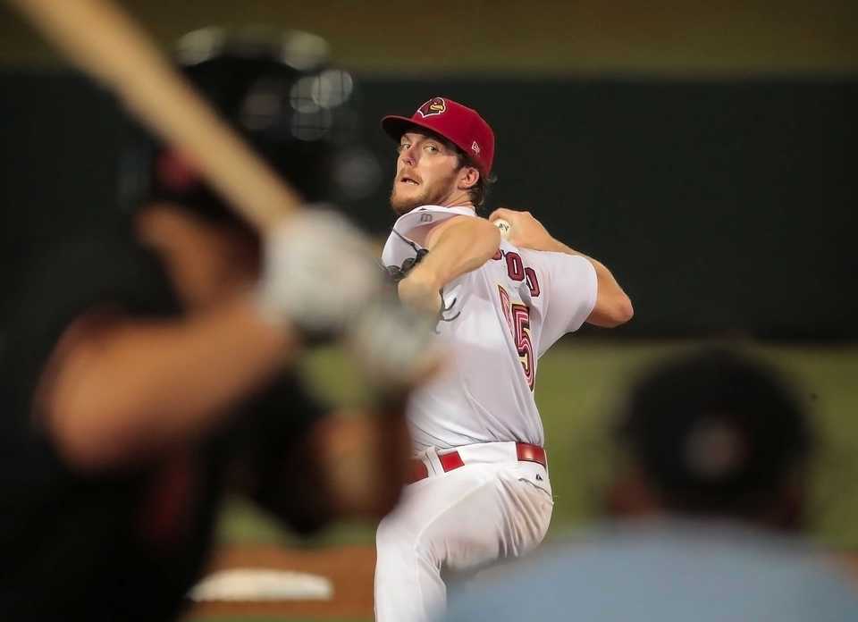 Jake Woodford winds up during Game 4 of the Redbirds' Pacific Coast League series against Fresno at AutoZone Park on Sept. 15. Memphis beat the Grizzlies 5-0 to win their second straight PCL title. (Jim Weber/Daily Memphian)