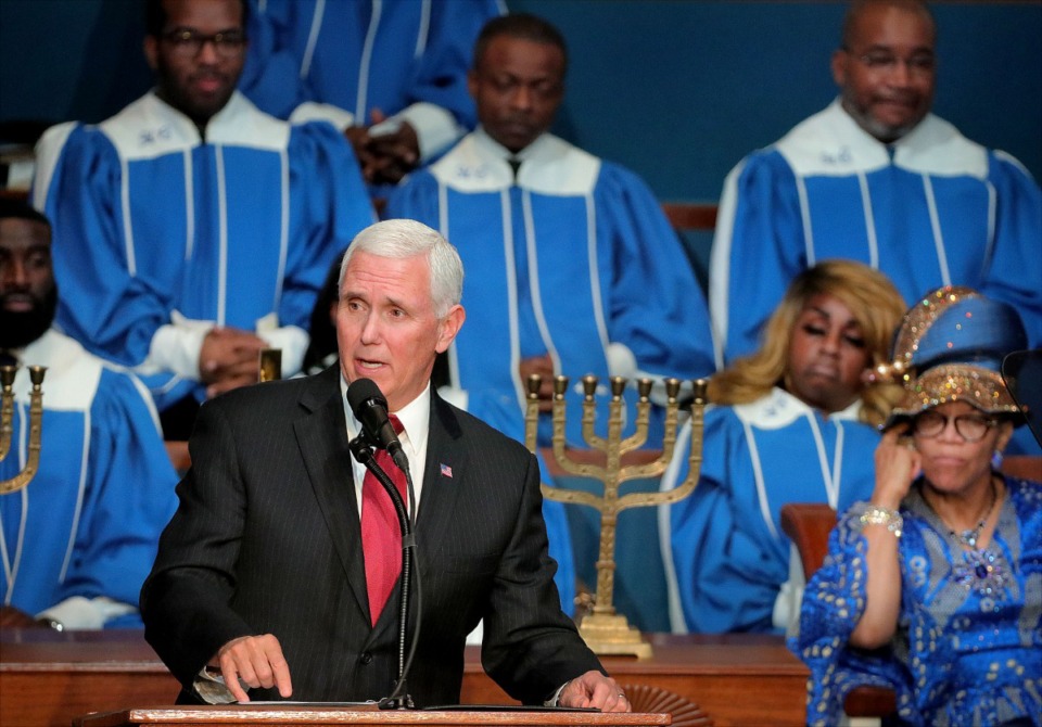 <strong>Vice President Mike Pence speaks to the Holy City Church of God In Christ congregation during his trip to Memphis on Jan. 19, 2020. Pence visited the Civil Rights Museum and the Holy City Church of God In Christ to honor one of his professed heroes Dr. Martin Luther King Jr.</strong> (Patrick Lantrip/Daily Memphian)