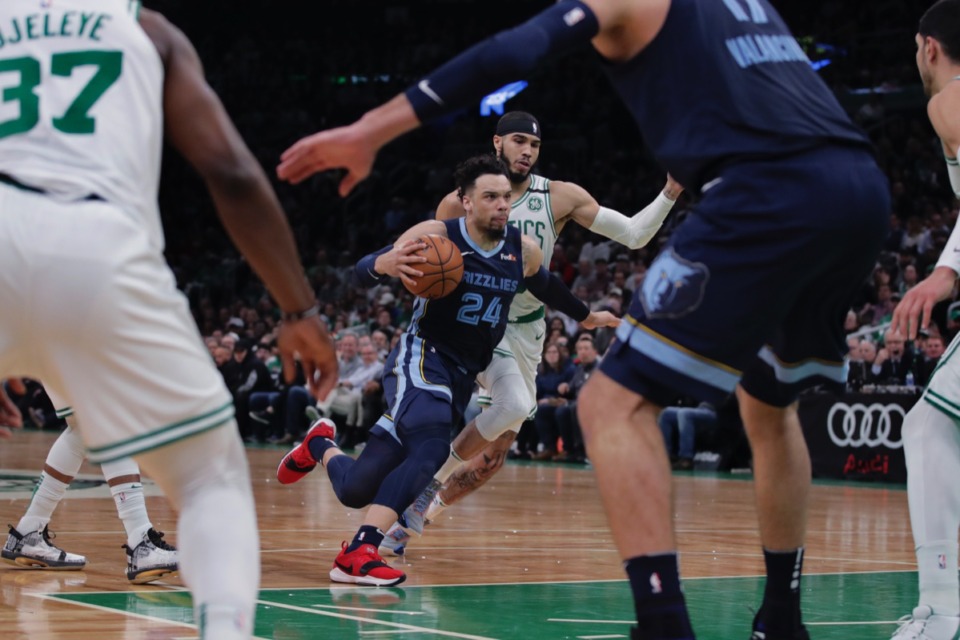 <strong>Memphis Grizzlies guard Dillon Brooks (24) drives past Celtics forward Jayson Tatum Jan. 22, 2020, in Boston.</strong> (Charles Krupa/AP)