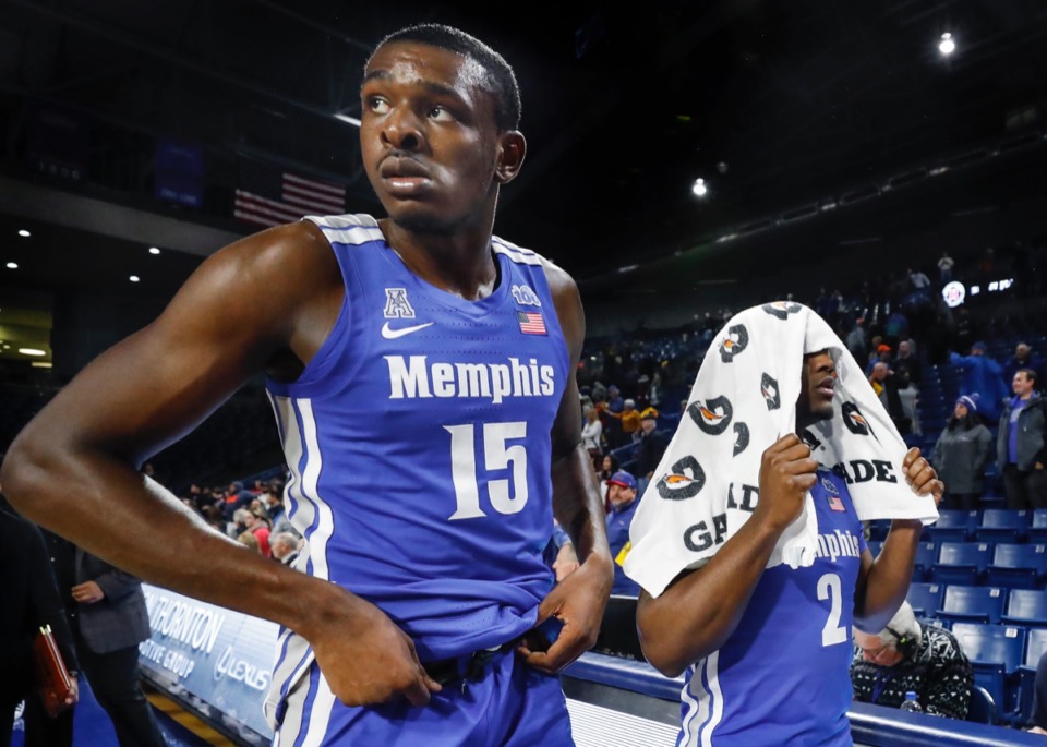 <strong>Memphis teammates Lance Thomas (left) and Alex Lomax (right) walk off after an 80-40 loss to the Golden Hurricane Wednesday, Jan. 22, 2020, in Tulsa, Oklahoma.</strong> (Mark Weber/Daily Memphian)