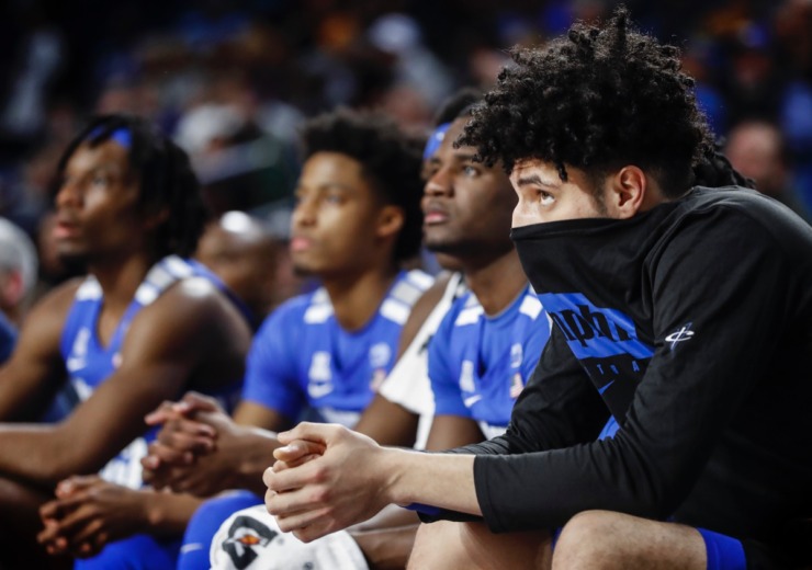 <strong>Memphis forward Isaiah Maurice (right) watches from the bench with his teammates during an 80-40 loss to the Golden Hurricane Wednesday, Jan. 22, 2020, in Tulsa, Oklahoma.</strong> (Mark Weber/Daily Memphian)
