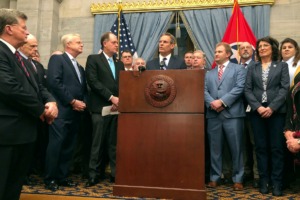 <strong>Tennessee Gov. Bill Lee (center) and fellow Republicans in the state General Assembly hold a news conference at the Tennessee Capitol on Thursday, Jan. 23, 2020, in Nashvillen to discuss a new anti-abortion proposal.</strong> (AP Photo/Jonathan Mattise)