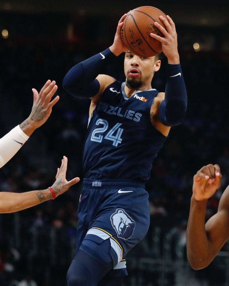 <strong>Memphis Grizzlies guard Dillon Brooks passes the ball during the first half of an NBA basketball game against the Detroit Pistons, Friday, Jan. 24, 2020, in Detroit.</strong> (Carlos Osorio/AP)