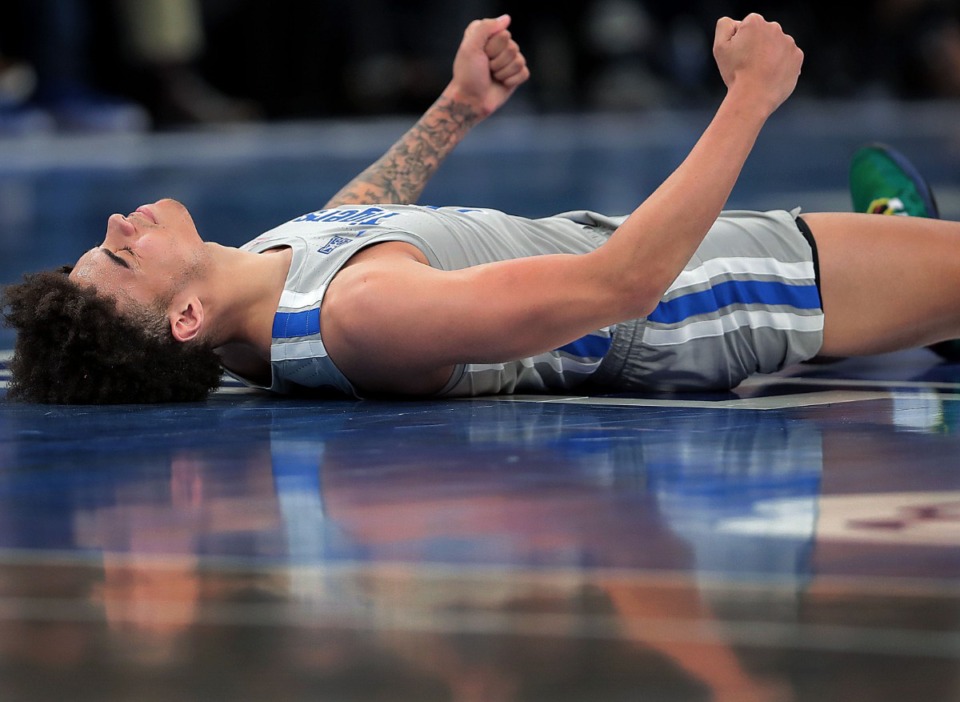 <strong>University of Memphis guard Lester Quinones (11) reacts after successfully drawing a foul call during the Tigers' game on Jan. 25, 2020, against SMU at the FedExForum.</strong> (Jim Weber/Daily Memphian)