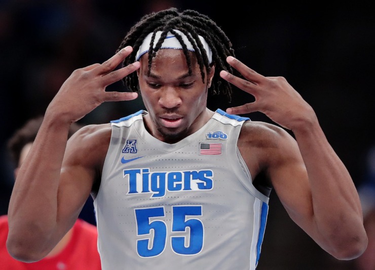 University of Memphis forward Precious Achiuwa reacts to ta successfull three point shot against the Mustangs during the Tigers' game on Jan. 25, 2020, against SMU at the FedExForum. (Jim Weber/Daily Memphian)