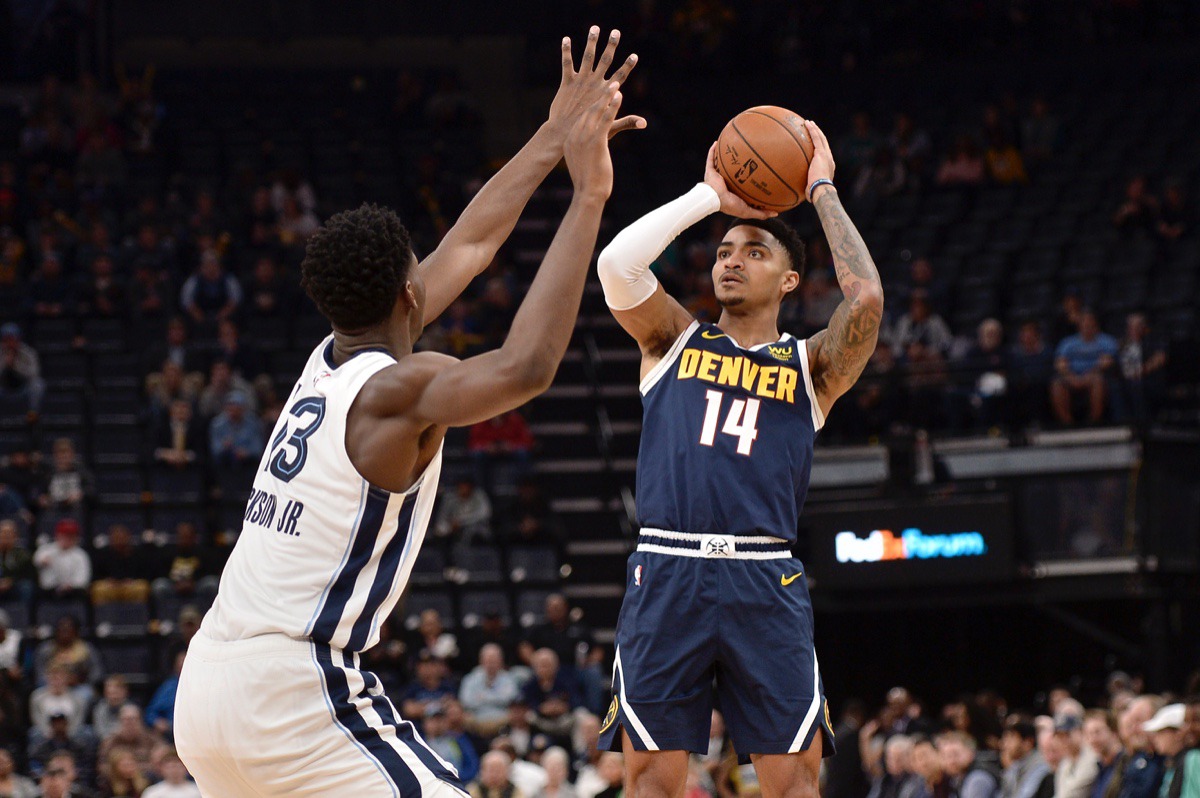 <strong>Denver Nuggets guard Gary Harris (14) shoots against Memphis Grizzlies forward Jaren Jackson Jr. (13)&nbsp;Jan. 28, 2020,</strong>&nbsp;<strong>at FedExForum.</strong> (Brandon Dill/AP)