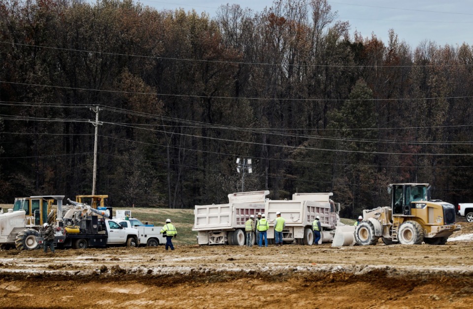 <strong>Heavy equipment clears and shapes the southwest corner of New Allen and Hawkins Mill roads on Nov. 14, 2019, where Amazon is building a new fulfillment center. Amazon has applied for a building permit for interior construction at the new Memphis facility.&nbsp;</strong>(Mark Weber/Daily Memphian)