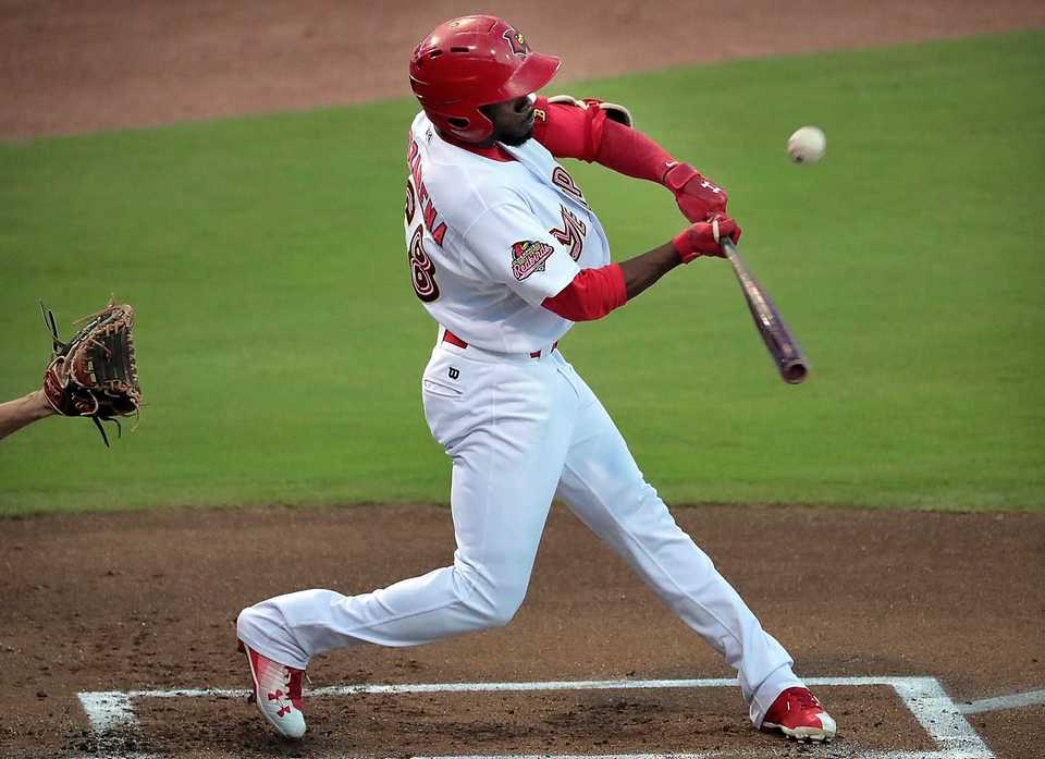 <strong>Randy Arozarena connects for his first home run of the night during Game 4 of the Redbirds' Pacific Coast League series against Fresno at AutoZone Park on Sept. 15, 2018.</strong> (Jim Weber/Daily Memphian)