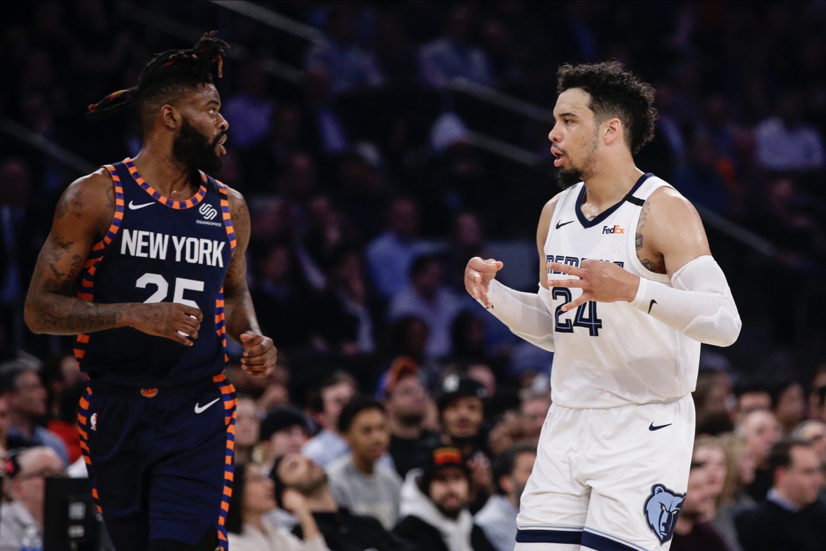 <strong>Memphis Grizzlies' Dillon Brooks (24) celebrates after making a 3-point basket in front of New York Knicks' Reggie Bullock (25) Jan. 29, 2020, in New York.</strong> (Frank Franklin II/AP)