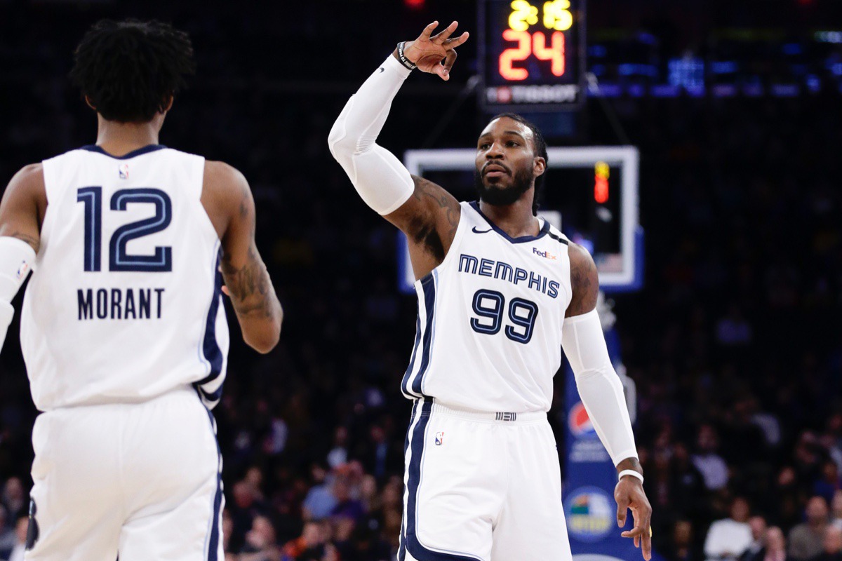 <strong>Memphis Grizzlies' Jae Crowder (99) waves to the crowd after making a 3-point basket against the New York Knicks on Wednesday, Jan. 29, 2020, in New York. The Grizzlies won 127-106.</strong> (Frank Franklin II/AP)