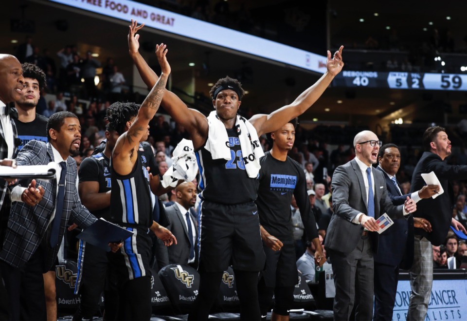 <strong>Memphis' Malcolm Dandridge (middle) reacts to a non-foul call during the final minutes of a 59-57 victory over UCF on Wednesday, Jan. 29, 2020, in Orlando.</strong> (Mark Weber/Daily Memphian)