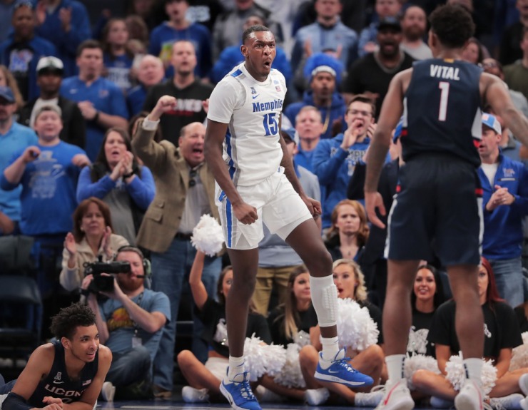 <strong>University of Memphis forward Lance Thomas (15) celebrates after blocking a shot attempt by the Huskies' Christian Vital (1) during the Tigers' game on Feb. 1, 2020, against Connecticut at FedExForum in Memphis.</strong> (Jim Weber/Daily Memphian)