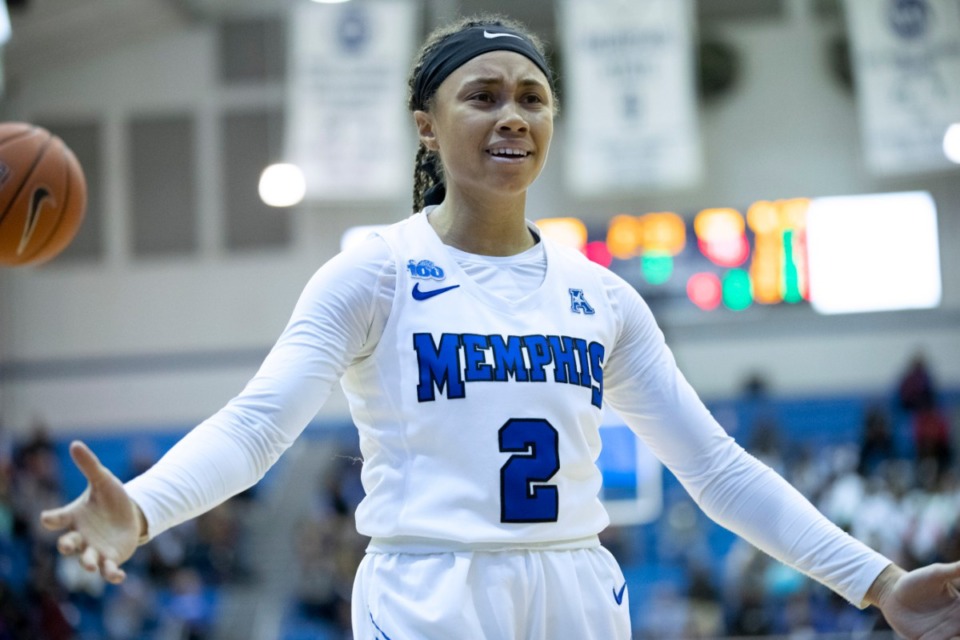 <strong>Memphis guard Madison Griggs (2) reacts to a foul call in the second half of an NCAA college basketball game against Connecticut Tuesday, Jan. 14, 2020, in Memphis.</strong> (Nikki Boertman/Ap)