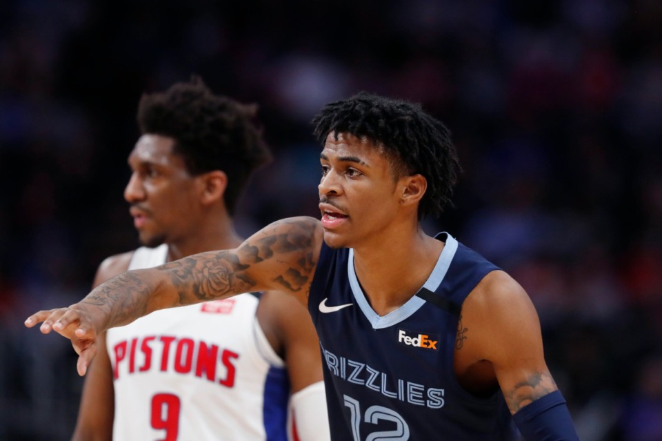 <strong>Memphis Grizzlies guard Ja Morant calls for the ball during the second half of an NBA basketball game against the Detroit Pistons, Friday, Jan. 24, 2020, in Detroit.</strong> (AP Photo/Carlos Osorio)