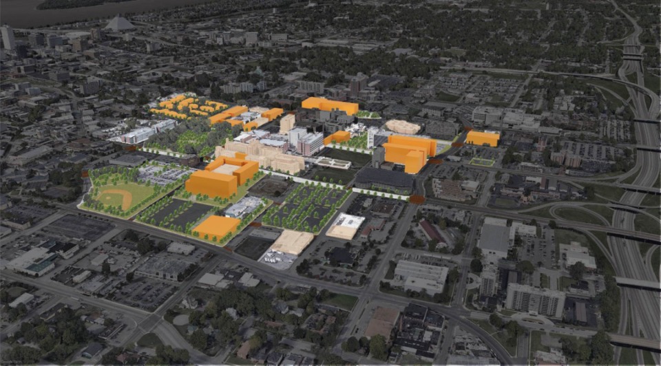 <strong>The University of Tennessee Health Science Center is working with a Kansas design firm, a local architectural firm and planning and design consultants on its 2020 construction master plan. The buildings in orange are future construction.</strong> (Courtesy of UTHSC)