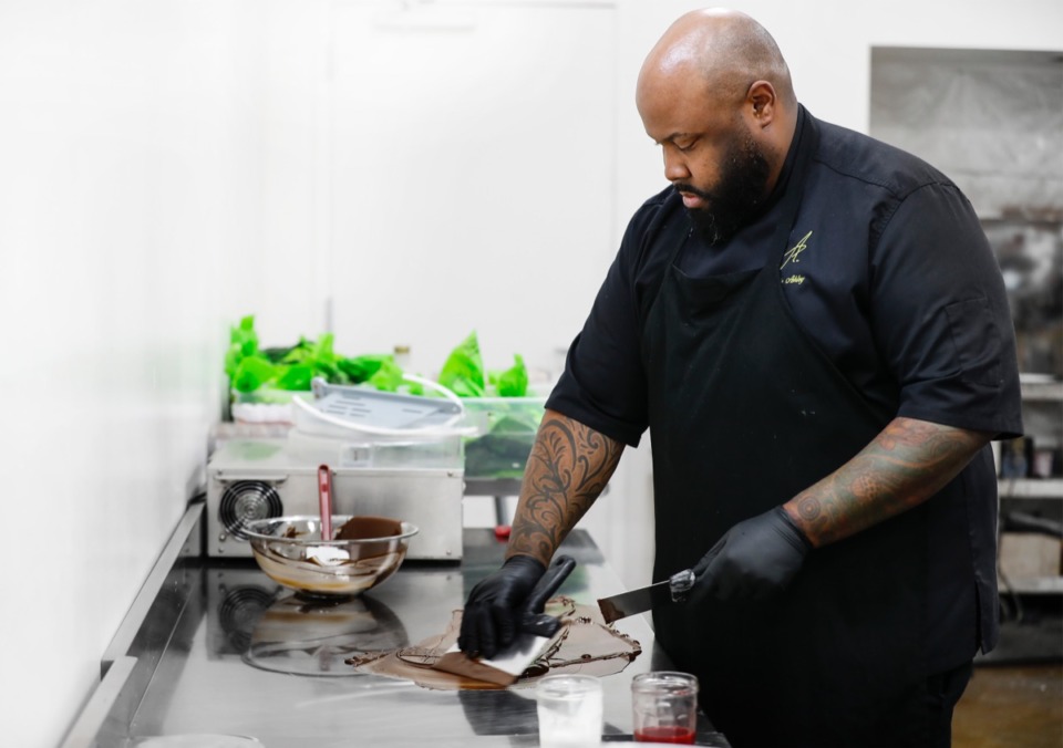 <strong>Phillip Ashley Rix makes pieces of chocolate candy on Tuesday, Feb. 4, 2020. Rix will be appearing on a new TV show called "Chopped Sweets."</strong>&nbsp;(Mark Weber/Daily Memphian)