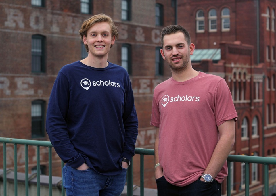 <strong>Ben Siegel (right) and Parker Pell,&nbsp;two of Scholars' co-founders, stand on the roof of their Downtown Memphis office on Jan. 31, 2020. Scholars is an online platform that aims to connect businesses and students for internships and entry-level jobs.</strong> (Patrick Lantrip/Daily Memphian)