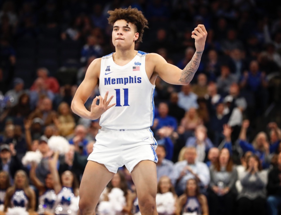 <strong>Memphis guard Lester Quinones on the air guitar? That means he just scored 3 points against Temple Feb. 5, 2020, at FedExForum.</strong> (Mark Weber/Daily Memphian)
