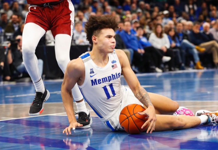 <strong>Lester Quinones hits the ground after being fouled in the game against Temple Feb. 5, 2020, at FedExForum.</strong> (Mark Weber/Daily Memphian)