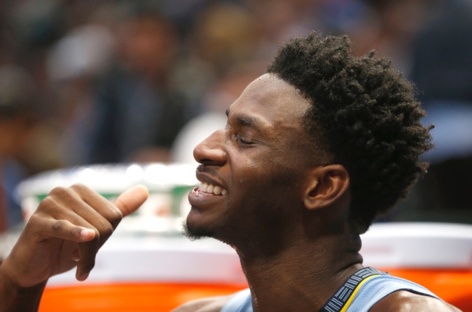 <strong>Memphis Grizzlies forward Jaren Jackson Jr. celebrates from the bench as the Grizzlies pull away from the Dallas Mavericks during the second half Feb. 5, 2020, in Dallas. The Grizzlies won 121-107.</strong> (Ron Jenkins/AP)
