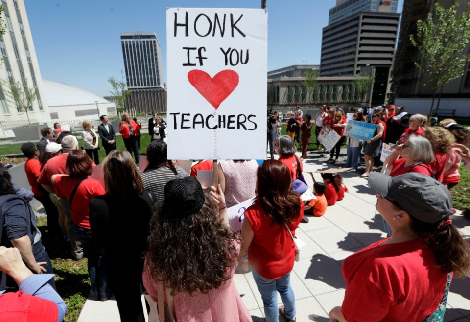 <strong>Teachers, parents and other education advocates protested on April 9, 2019, in a demonstration at Tennessee's Capitol, where they voiced concerns about Gov. Bill Lee's support of education savings accounts.</strong><span>&nbsp;(Mark Humphrey/Associated Press file)</span>
