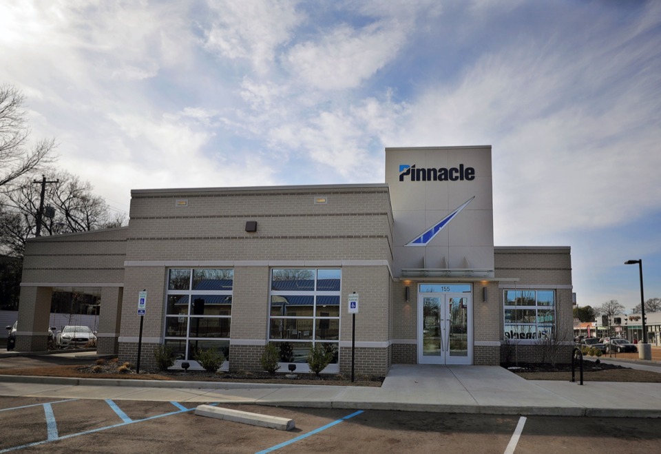 <strong>Pinnacle Bank is in the process of constructing new branches in Bartlett and Arlington which will feature similar designs to the recently-finished Midtown branch at Union Avenue and Rozelle Street as seen above on Feb. 7, 2020.</strong> (Patrick Lantrip/Daily Memphian)