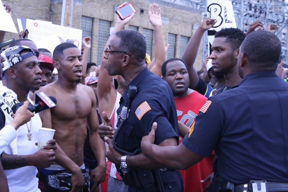 <strong>The public and police interact at the "Black Lives Matter" bridge protest in July 2016.</strong> (File/Daily Memphian)