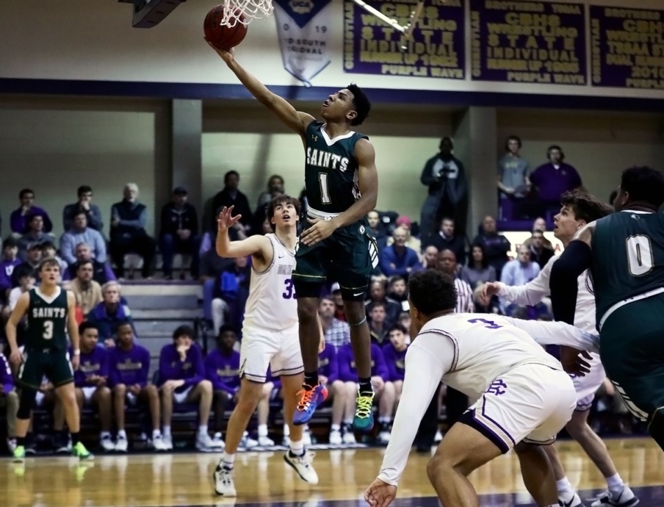 <strong>Briarcrest guard Kennedy Chandler (1) goes in for a layup against CBHS Feb. 7, 2020.</strong> (Patrick Lantrip/Daily Memphian)