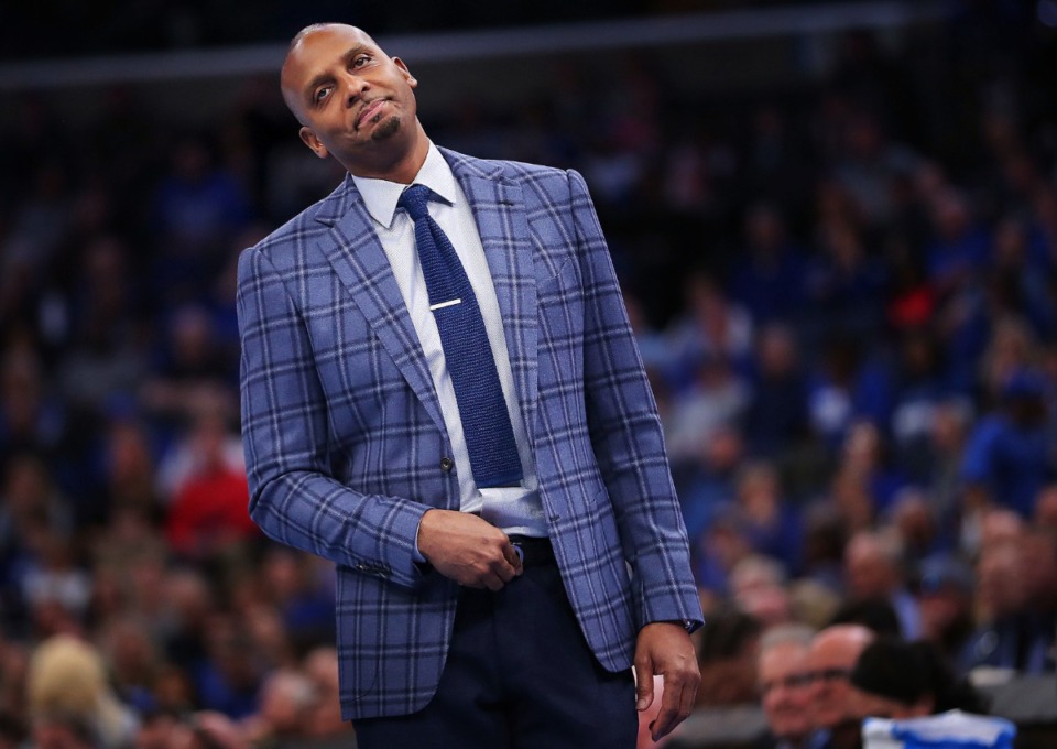 <strong>University of Memphis coach Penny Hardaway reacts to a turnover on the court during the Tigers' game on Feb. 8, 2020, against USF at FedExForum in Memphis.</strong> (Jim Weber/Daily Memphian)