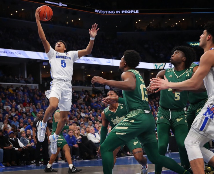 <strong>University of Memphis guard Boogie Ellis breaks away for a score during the Tigers' game on Feb. 8, 2020, against USF at FedExForum in Memphis.</strong> (Jim Weber/Daily Memphian)