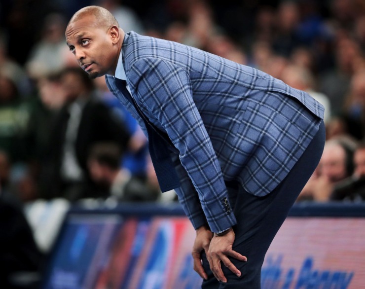 <strong>University of Memphis coach Penny Hardaway watches the seconds play out near the end of the Tigers' game on Feb. 8, 2020, against USF at FedExForum in Memphis.</strong> (Jim Weber/Daily Memphian)