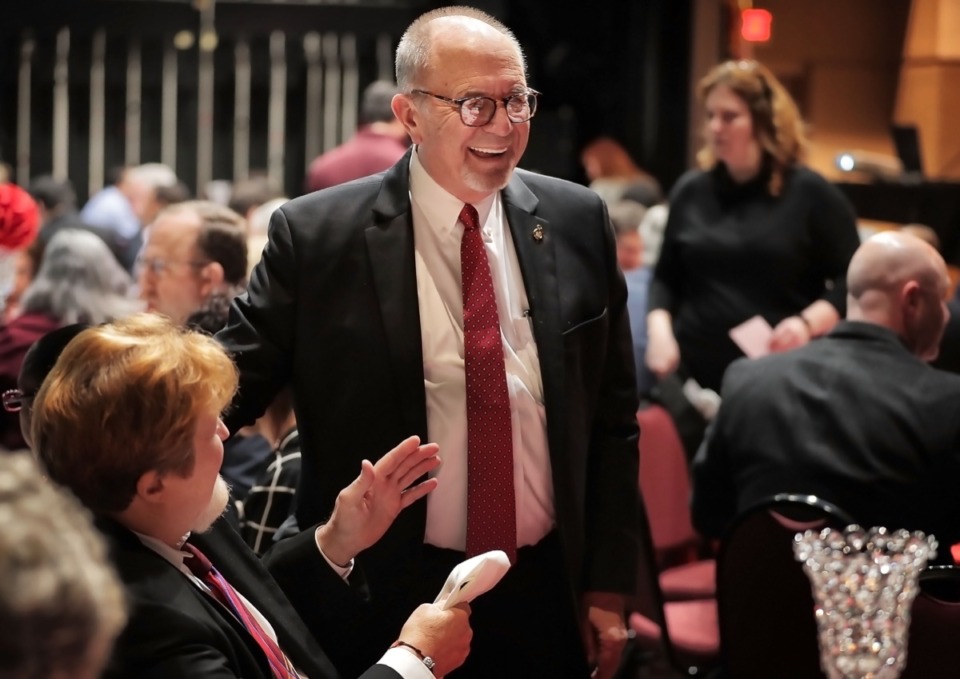 <strong>Bartlett Mayor Keith McDonald talks with Bartlett Performing Arts Center Director Michael Bollinger (left) before giving an update on the city and his plans for 2020 during the Bartlett Area Chamber luncheon held at BPACC on Feb.11, 2020.</strong> (Jim Weber/Daily Memphian)