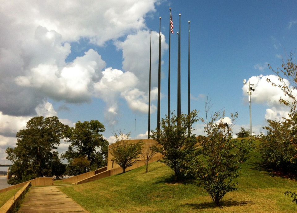 <strong>The flagpoles at the southern tip of Mud Island River Park, which date to the 1982 opening of the park, have been inoperable and flagless for a couple of years. (</strong>Daily Memphian file)