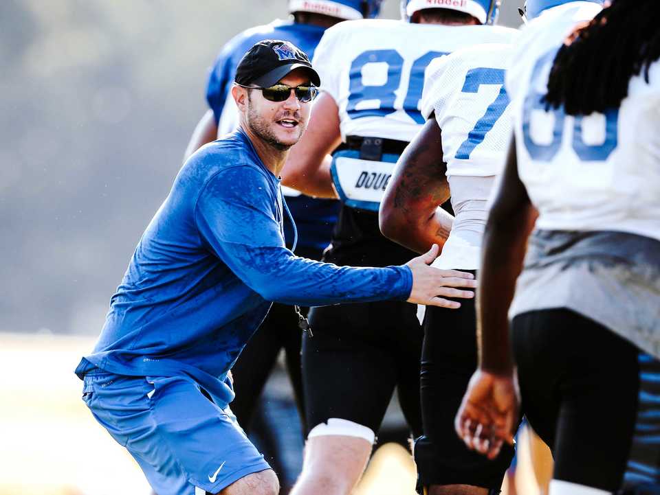 <strong>Ryan Silverfield, offensive line coach for the University of Memphis football team, works with his players during a September 2018 practice.</strong> (Houston Cofield/Daily Memphian file)<br /><br /><br />