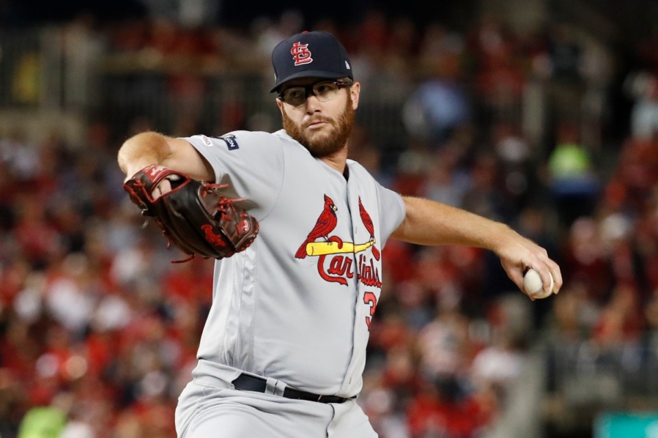 <strong>St. Louis Cardinals relief pitcher Tyler Webb throws during Game 3 of the National League Championship Series against the Washington Nationals on Oct. 14, 2019.</strong> <strong>The former Memphis Redbird pitched a career-high 55 innings over 65 appearances out of the Cardinals&rsquo; bullpen in 2019.</strong> (Jeff Roberson/Associated Press)