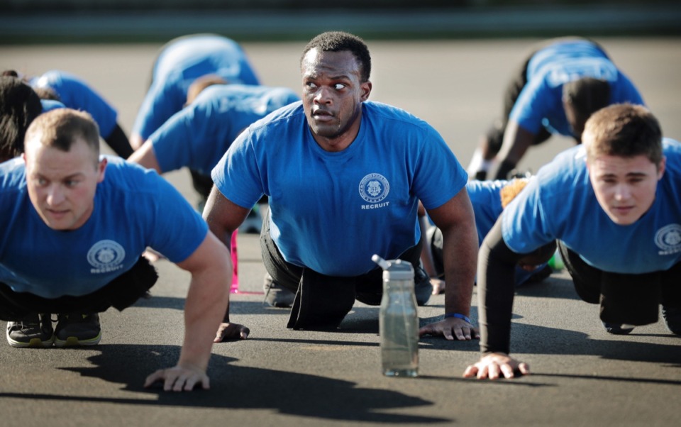 <strong>Memphis police recruits work through physical training Oct. 22, 2019, at the John Holt Police Training Academy. Police recruitment is at the heart of the residency debate.</strong> (Jim Weber/Daily Memphian)