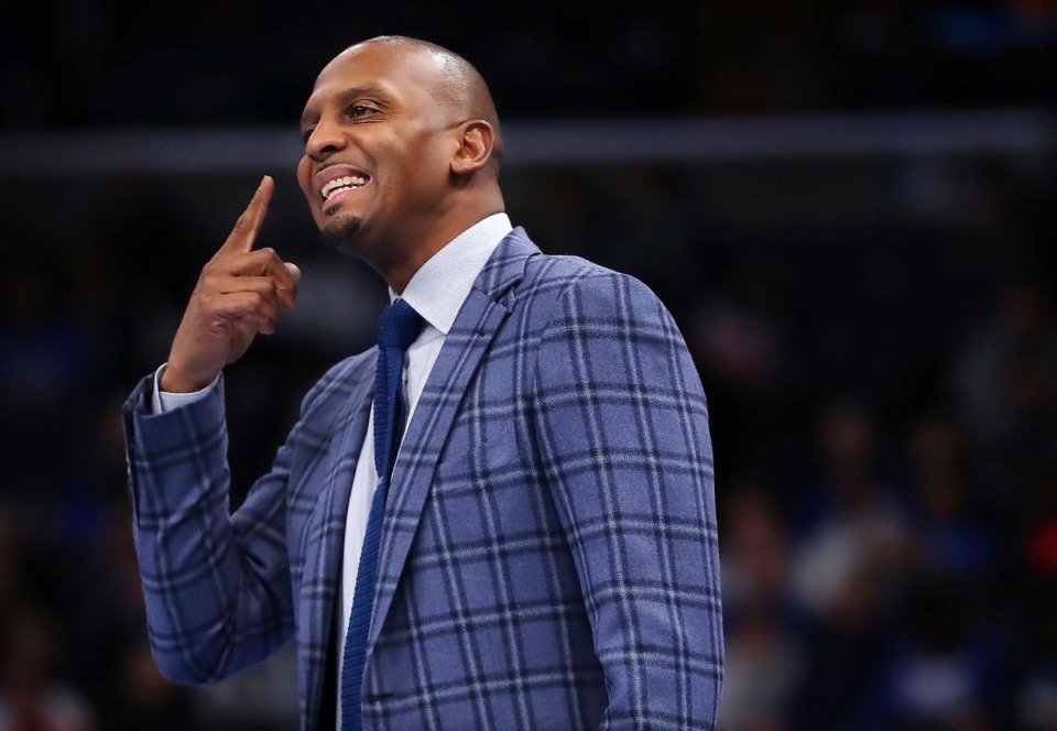 <strong>University of Memphis coach Penny Hardaway directs his team on the court during the Tigers' game on Feb. 8, 2020, against USF at the FedExForum.</strong> (Jim Weber/Daily Memphian)