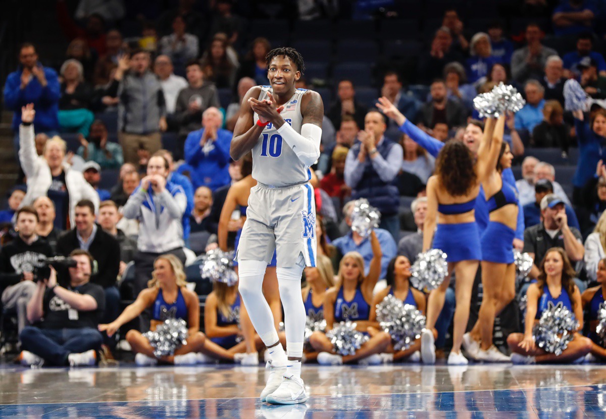 <strong>Memphis guard Damion Baugh (middle) celebrates a 3-pointer against ECU Feb. 19, 2020, at FedExForum.</strong> (Mark Weber/Daily Memphian)