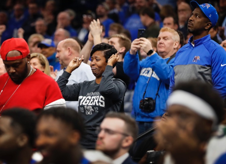 <strong>Memphis fans react after a Tiger free throw catches net late in the 77-73 victory over ECU Wednesday, Feb. 19, 2020, at FedExForum.</strong> (Mark Weber/Daily Memphian)
