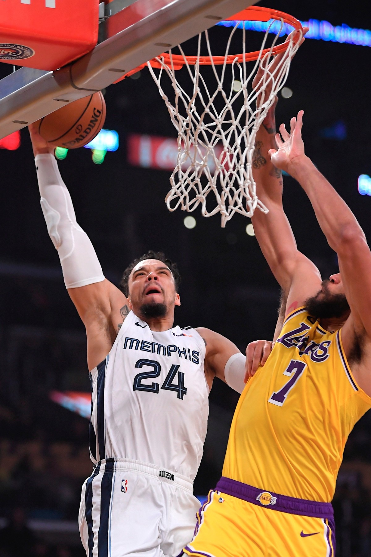 <strong>Memphis Grizzlies guard Dillon Brooks, left, shoots as Los Angeles Lakers center JaVale McGee defends Feb. 21, 2020, in Los Angeles.</strong> (Mark J. Terrill/AP)