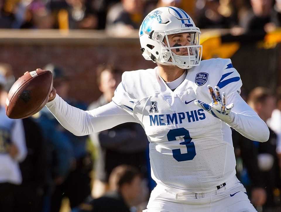 <strong>University of Memphis quarterback Brady White throws a pass during the first half of an NCAA football game against Missouri on Oct. 20 in Columbia, Mo.</strong> (AP Photo/L.G. Patterson)