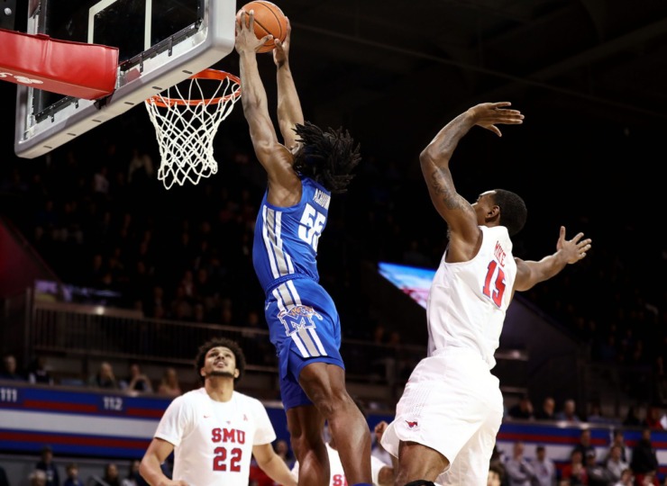 <strong>University of Memphis forward Precious Achiuwa (55) dunks the ball during a road game against the Southern Methodist University Mustangs in Dallas Feb. 25, 2020.</strong> (Patrick Lantrip/Daily Memphian)