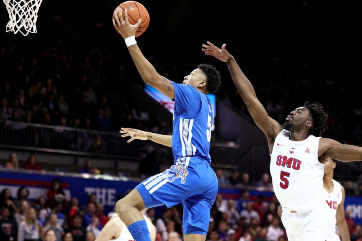<strong>University of Memphis guard Boogie Ellis goes in for a lay up during a road game against the Southern Methodist University Mustangs in Dallas Feb. 25, 2020.</strong> (Patrick Lantrip/Daily Memphian)