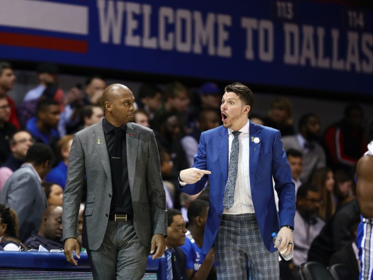 <strong>University of Memphis coaches Penny Hardaway and Mike Miller try to motivate their players during a road loss against the Southern Methodist University Mustangs in Dallas Feb. 25, 2020.</strong> (Patrick Lantrip/Daily Memphian)
