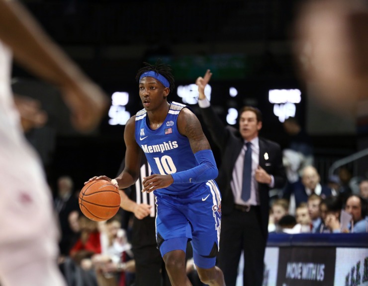 <strong>University of Memphis guard Damion Baugh (10) carries the ball up the court during a road game against the Southern Methodist University Mustangs in Dallas Feb. 25, 2020.</strong> (Patrick Lantrip/Daily Memphian)