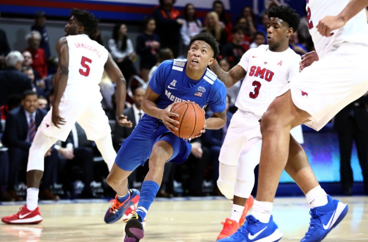 <strong>University of Memphis guard Boogie Ellis (5) drive to the basket during a road game against the Southern Methodist University Mustangs in Dallas Feb. 25, 2020.</strong> (Patrick Lantrip/Daily Memphian)