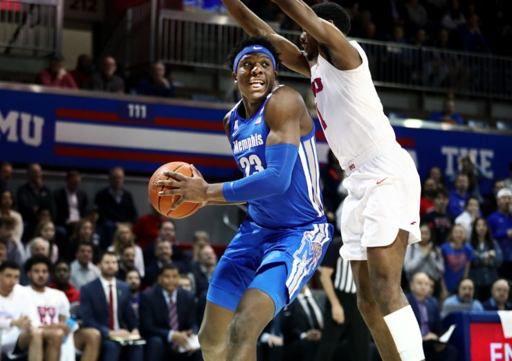 <strong>University of Memphis center Malcolm Dandridge (23) fights for a rebound during a road game against the Southern Methodist University Mustangs in Dallas Feb. 25, 2020.</strong> (Patrick Lantrip/Daily Memphian)