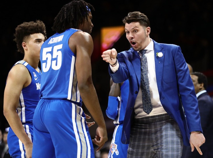 <strong>University of Memphis assistant coach Mike Miller talks to Precious Achiuwa (55) and Lester Quinones (11) during a road loss against the Southern Methodist University Mustangs in Dallas Feb. 25, 2020.</strong> (Patrick Lantrip/Daily Memphian)