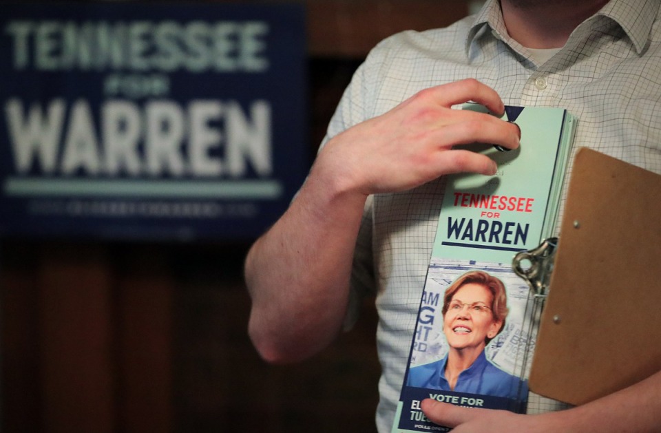 <strong>Sean Dewitz with the Elizabeth Warren campaign conducts training for volunteers at the home of Tami Sawyer during a canvass kickoff for the Massachusetts senator and presidential hopeful on Feb. 26, 2020.</strong> (Jim Weber/Daily Memphian)